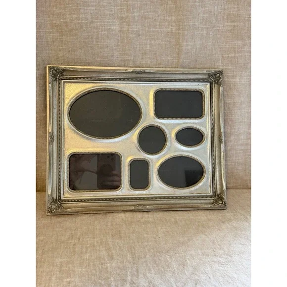 Vintage Silver 7 Opening Collage Picture Frame, Ornate Tabletop Frame