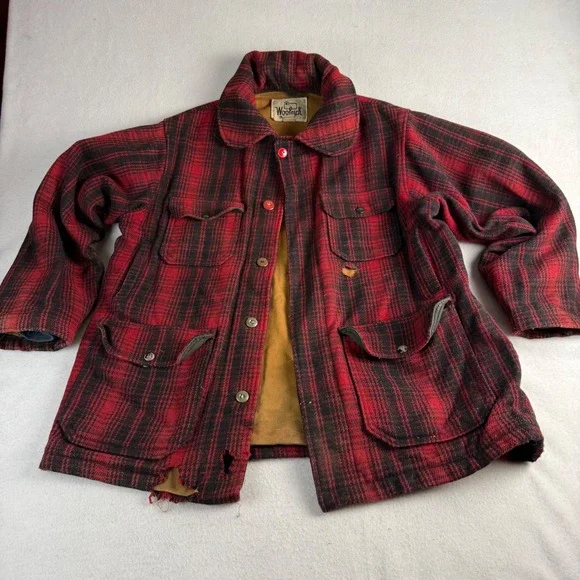 Vintage Woolrich Wool Hunting Jacket Red Shadow Plaid Thrashed Men's 42 USA Made