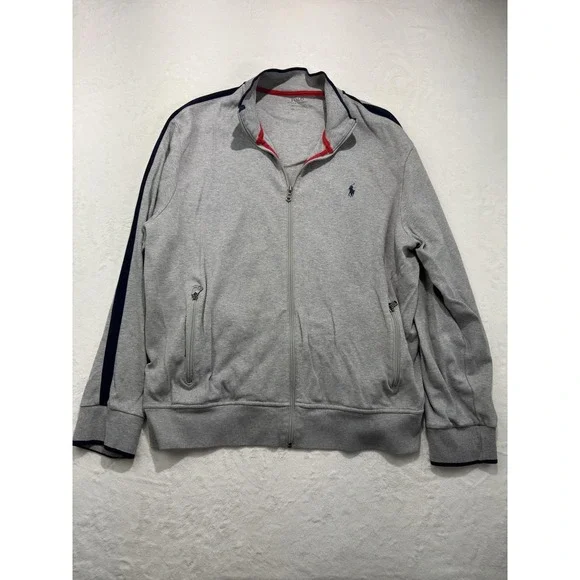 Polo Ralph Lauren Track Jacket Mens 2XL Gray French Terry Full Zip Sport Stripe