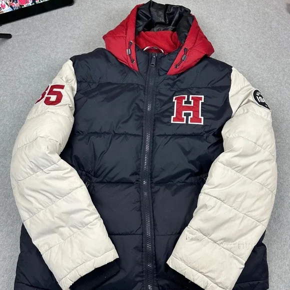Tommy Hilfiger Mens XL Puffer Jacket Varsity Colorblock Navy White Red Hooded