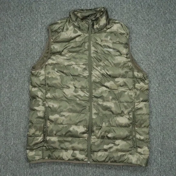 Eddie‎ Bauer Vest Mens Large Tall Green Camo Down Insulated Full Zip Pockets