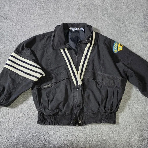 Le Coq Sportif Mens L Bomber Jacket Black Vintage Cotton Striped Trim Patch