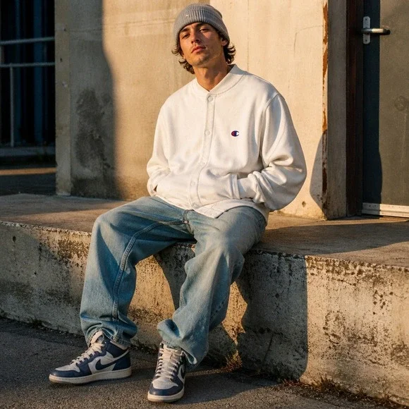 Champion Reverse Weave Snap Cardigan Sweatshirt‎ Mens M White Boxy Heritage Fit