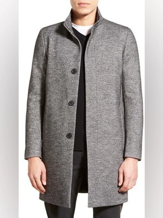 Theory Men’s Wool Blend Belvin Herringbone Black Grey Coat Size Large