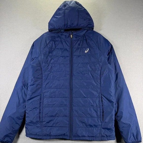 Asics Mens Blue Puffer Hooded Jacket Lightweight Full Zip‎ Athletic Sportswear