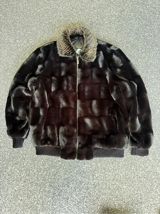 Mens Black Faux Fur Bomber Jacket with Contrast Collar