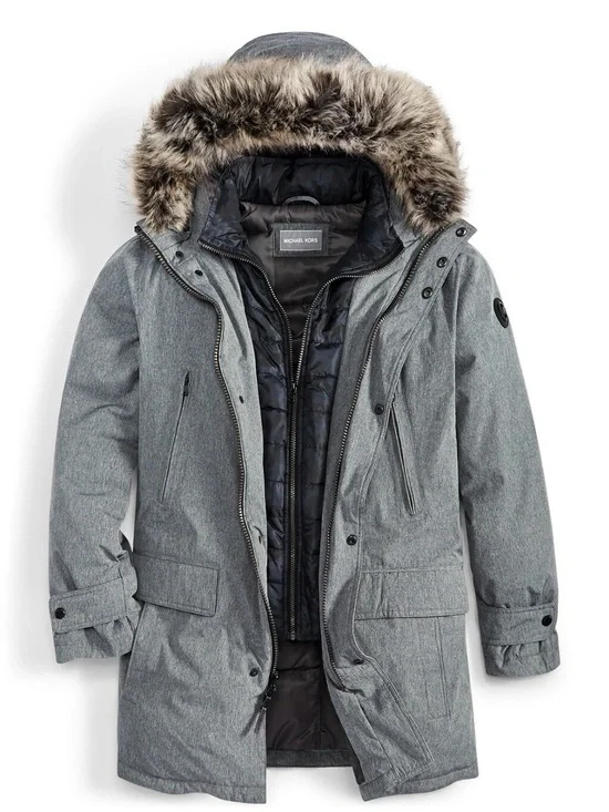 Michael Kors Heather Grey Quilted-Trim Parka with Faux Fur Hood