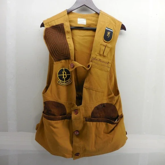 Vintage Bill Plessinger Shooting Vest Yellow Corduroy Browning Bushnell Patches