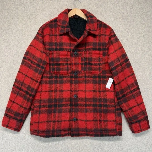 Old Navy Red Black Buffalo Plaid Sherpa Lined Jacket Men's Medium NWT