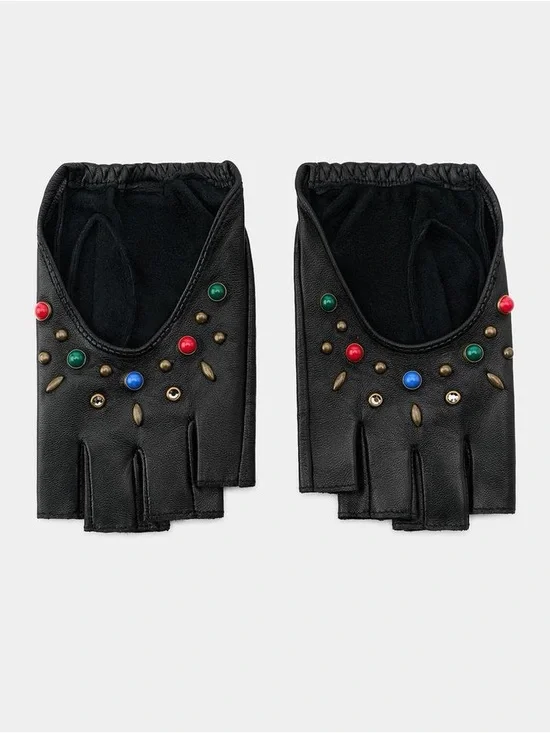 NWT Zara Woman Accessories SHORT 100% LEATHER MITTENS WITH STUDS & STONES *READ