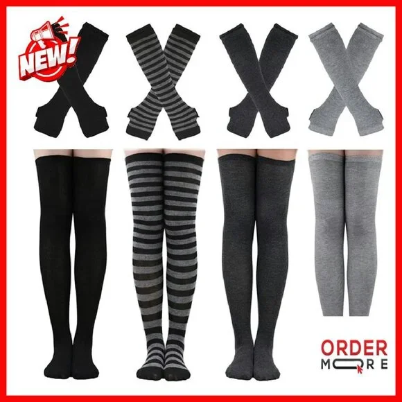 Striped Knee High Socks & Fingerless Gloves Set - 4/2 Pairs