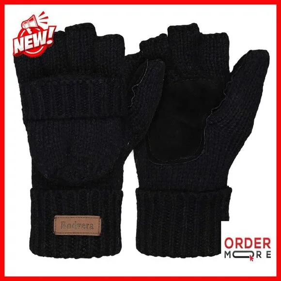 Fingerless Wool Convertible Mittens Thermal Insulation Texting Gloves Unisex