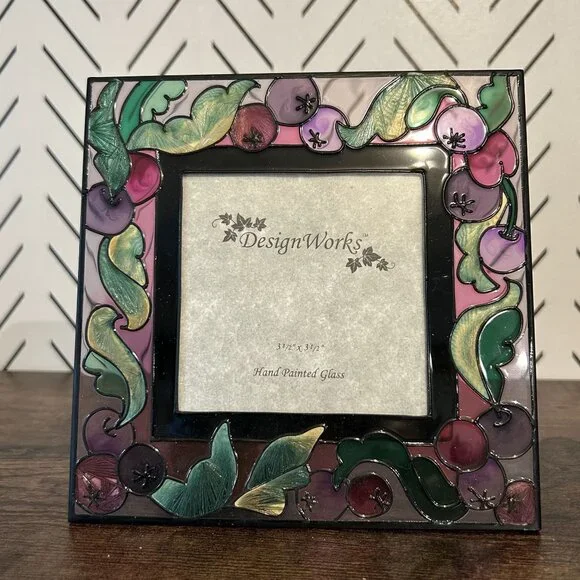 New Stain Glass Grapes Leafs Hand Painted Picture Frame 5.5 Design Works 3.5x3.5