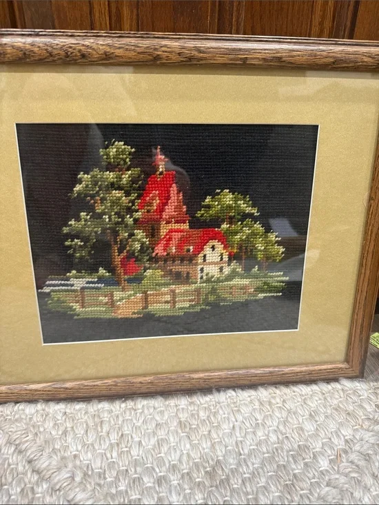 Vintage Framed Cross Stitch Country Scene