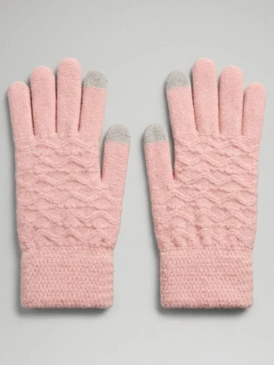 Womens Pink Knit Touchscreen Winter Gloves Textured Cable Stitch