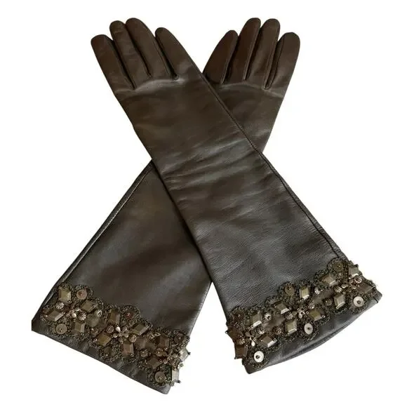 Carlisle Per Se Lambskin Opera Gloves Olive Brown Studded Trim