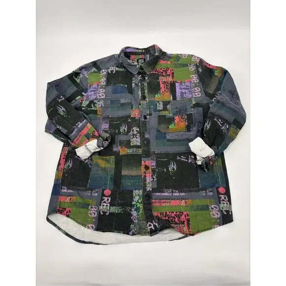 BDG Black Button-Up Shirt with Green, Purple & Pink Graphic Print