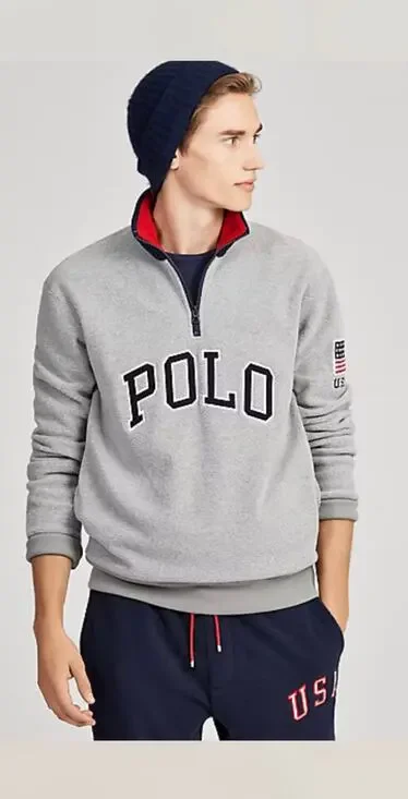 Polo Ralph Lauren 1/4 Zip Fleece USA Flag Gray Navy Pullover Preppy Spellout XL
