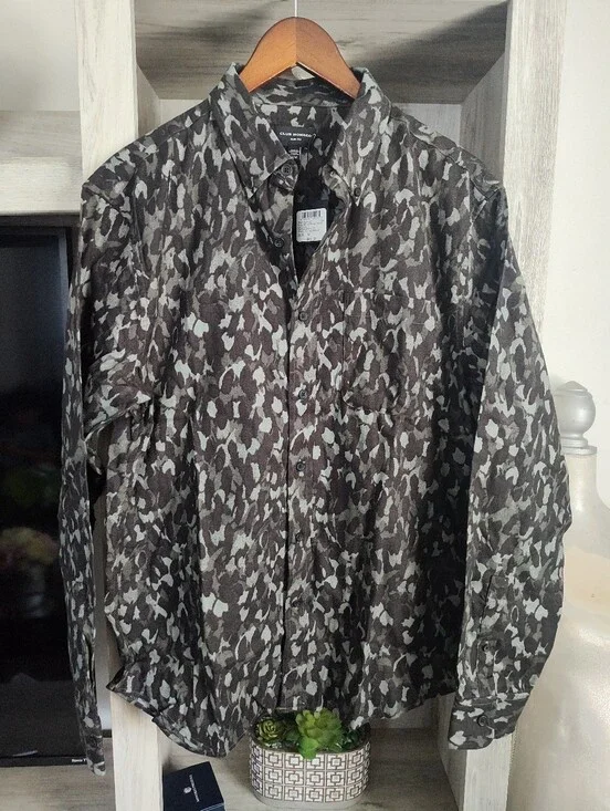 Club Monaco Men's Black and Gray Camouflage Shirt Jacket SZ M Slim Fit
