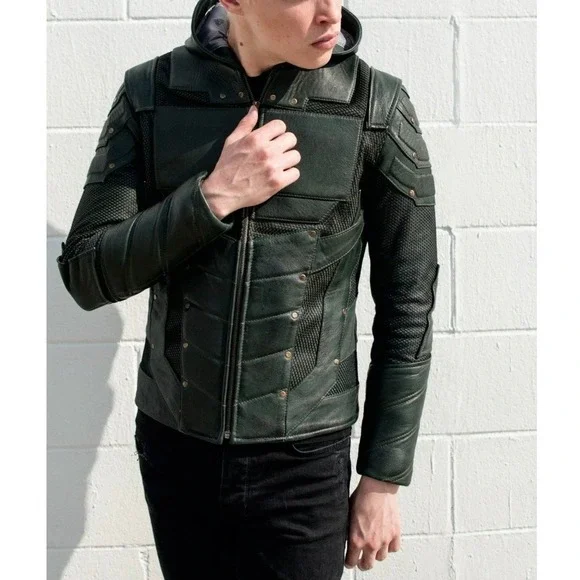 Luca Designs Green Armor Leather Hooded Jacket Mens XL Lambskin Moto Coat