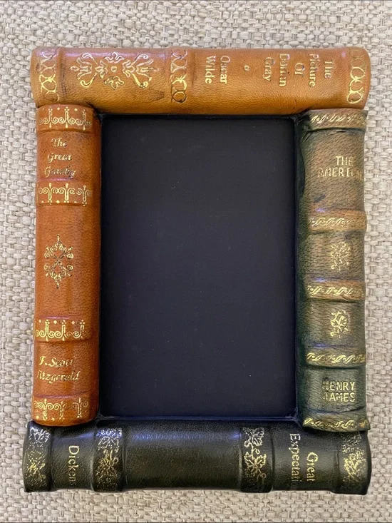 Faux Leather Book Spine Picture Frame in Tan, Green, and Black