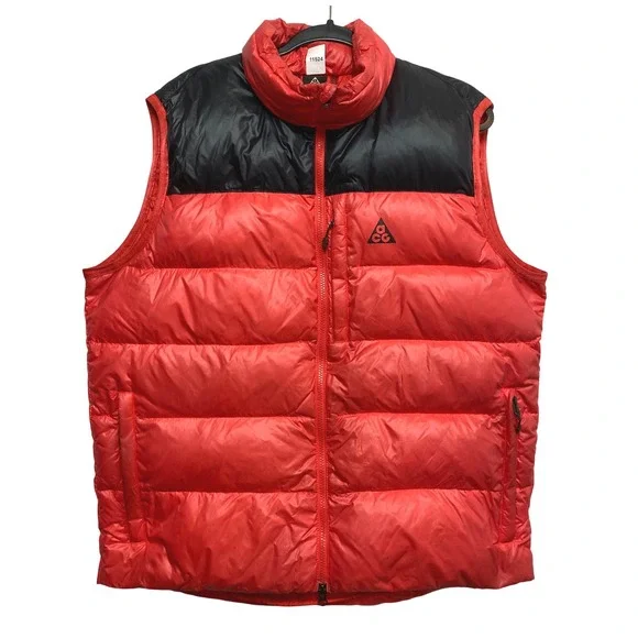 Nike ACG Puffer Vest Mens Large Red Black Goose Down Insulated 800 Fill Zip Up