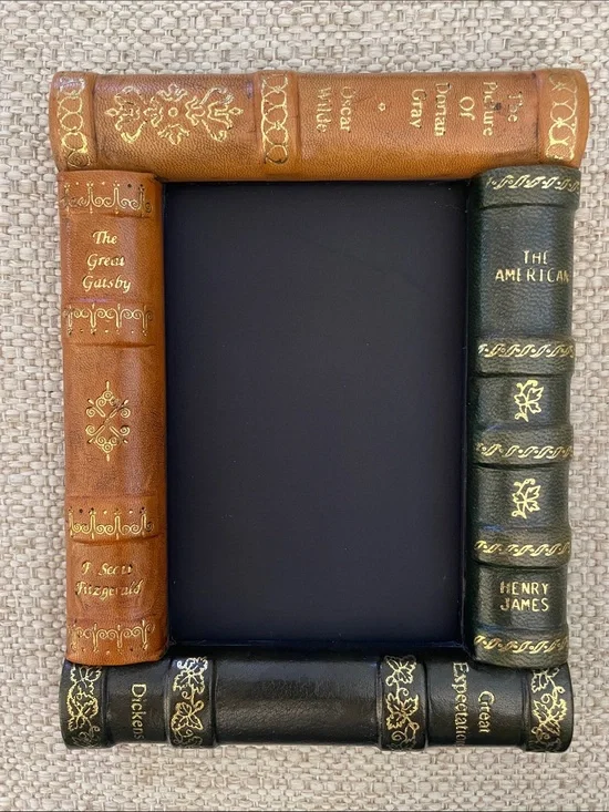 Faux Leather Book Spine Picture Frame in Tan, Green, and Black