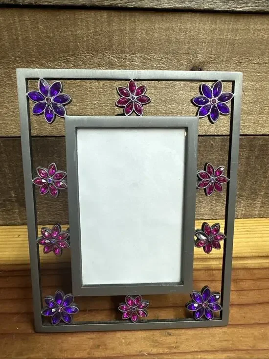 Metal Picture Frame Purple Pink Gem Flowers Holds 4.5x3” Photo