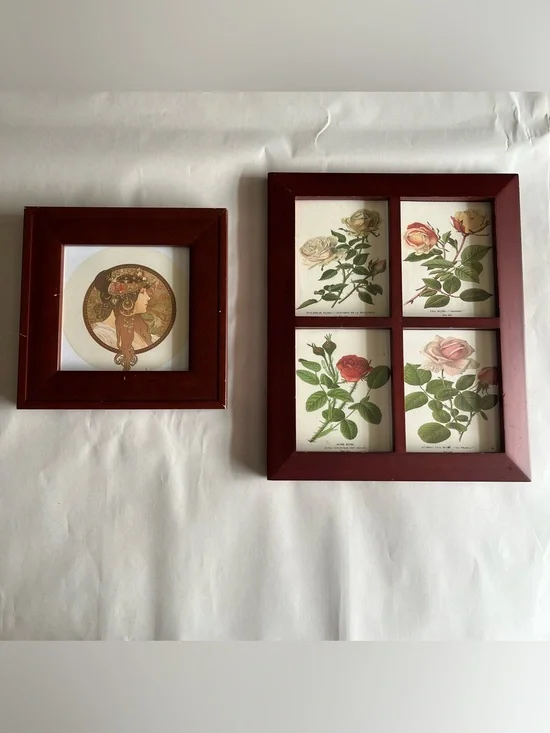 Vintage Wood Multi Picture Photo Frames w/ Fine Art Prints-Set of 2