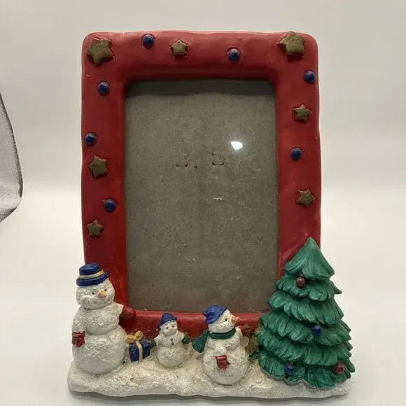 Vintage Painted Resin Christmas Tree & Snowman 3D Table Top Picture Frame 4x6