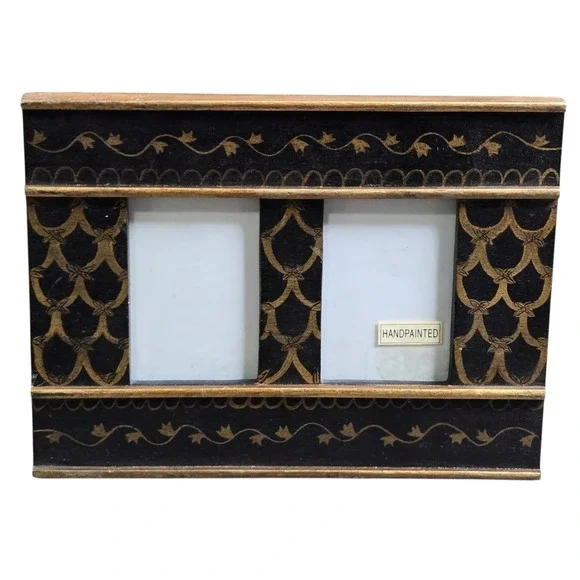 Terragrafics 1996 Double Picture Frame Unisex Small Black Gold Hand painted 8x6