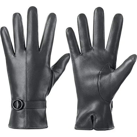 Women's Winter Leather Gloves Texting Warm Driving Lambskin Gloves Grey