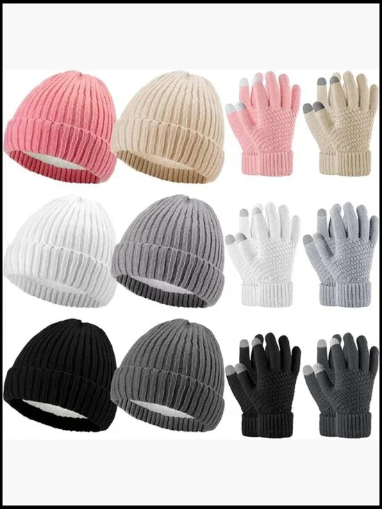 Fleece Lined Beanie Hat & Touchscreen Gloves Set - 12 Pcs