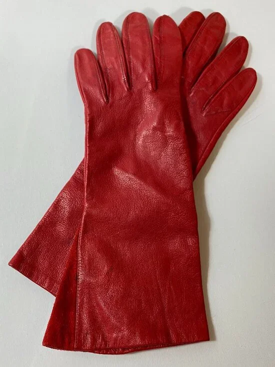 VINTAGE 80s Anne Klein by Aris Cherry Red Leather Gloves, Lined, Women's Size 7
