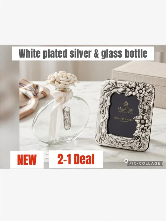 2-1 Plated Silver Floral Picture Frame & Glass Bottle - Cream Flowery Ribbon