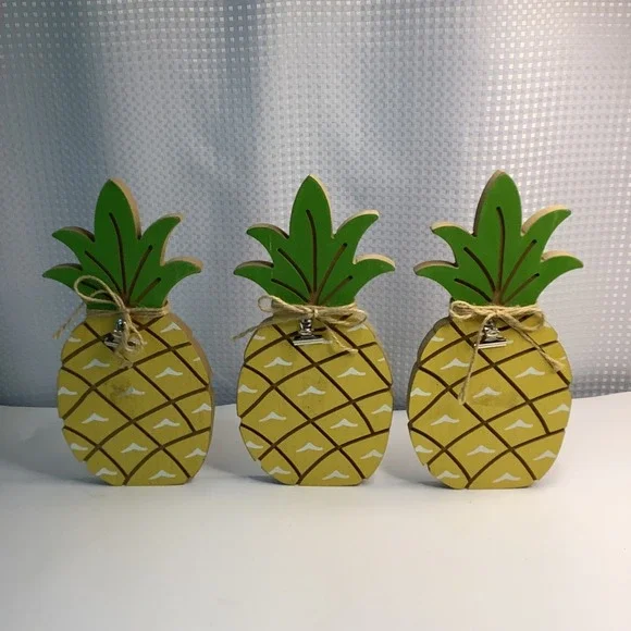 Hand Painted Wooden Pineapple Set of 3 w/ Clip for Pictures or Notes