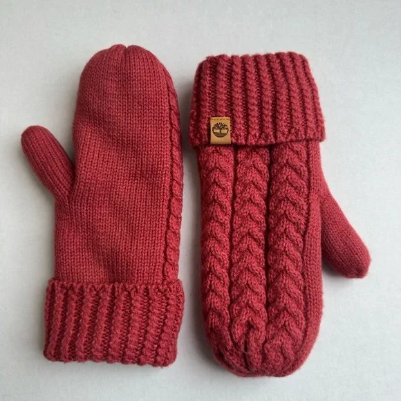 Timberland Cable Knit Mittens Faux Fur Lined Fold-Up Winter Warm