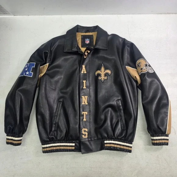 New Orleans Saints Faux Leather Jacket Men's Size L G-III NFL Embroidered Patch