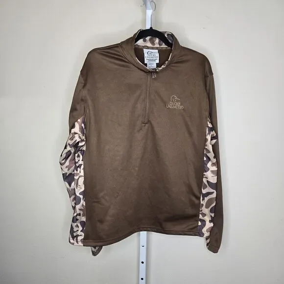 Ducks Unlimited Men's L 1/4 Zip Brown & Camo Long Sleeve Pullover Hunting Hiking