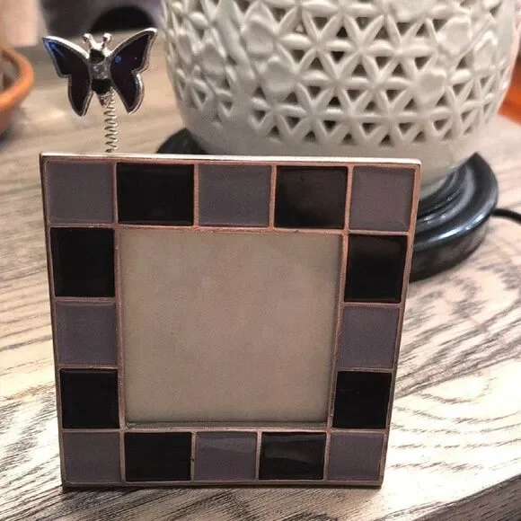 Enamel Checkered Square Butterfly Photo Frame - Purple and Lavender