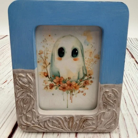 Original Cute Ghost Floral Art in Blue Thrifted Weston Gallery Frame 4x5
