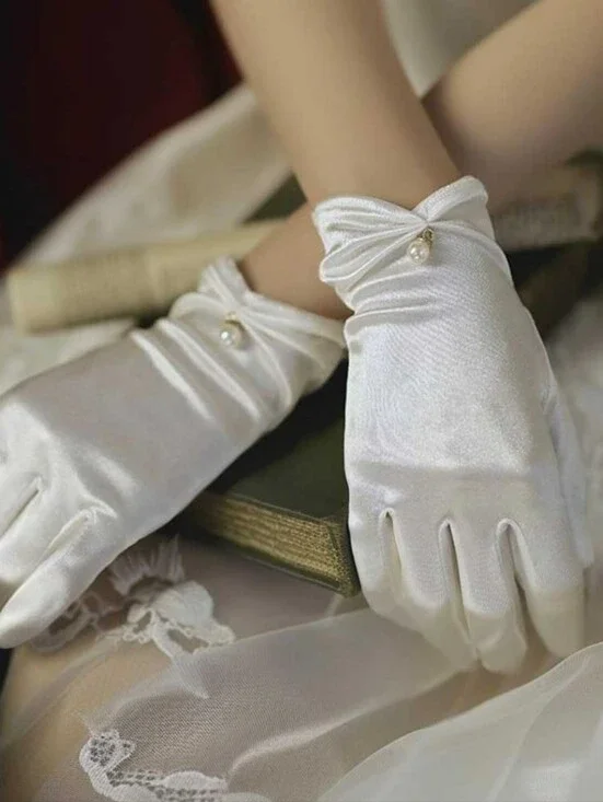 Wrist Length Pleat & Pearl Bridal Gloves