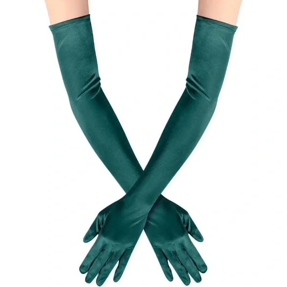 Women's Satin Dark Green Long Gloves Costumes Elbow Length Evening Party Prom