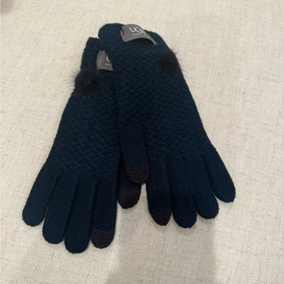 UGG Women's Navy Gloves with Faux Fur Detail