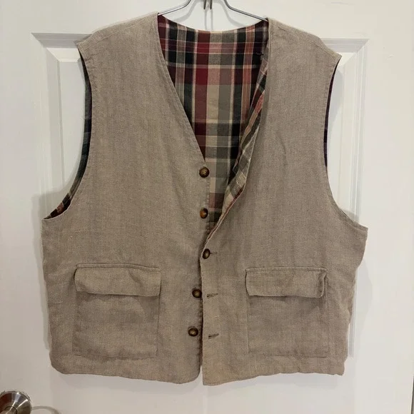 Mens Vintage Reversible Plaid and Tan Linen Blend Button Front Vest Large