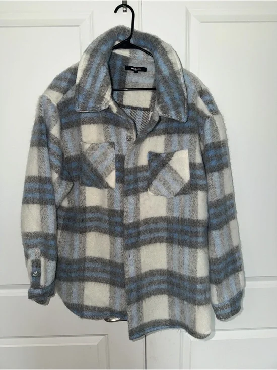 Fashion Nova Cream, Gray & Light Blue Plaid Shacket