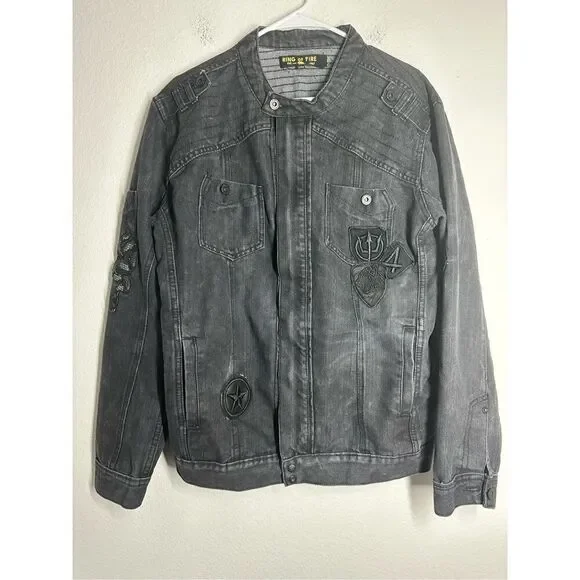 Ring of Fire Men's Black Zip Denim Jacket Size L