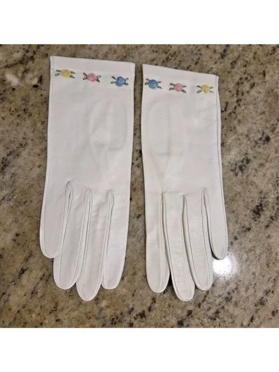 Vintage Womens Size S 6.5 White Leather Formal Gloves Embroidered Flower Dainty