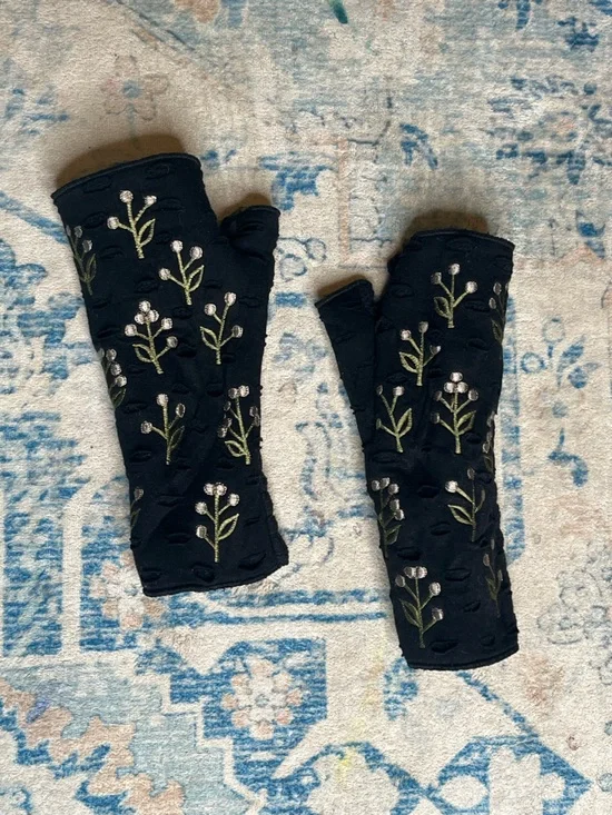 Black Embroidered Fingerless Gloves with Green & Silver Floral Detail
