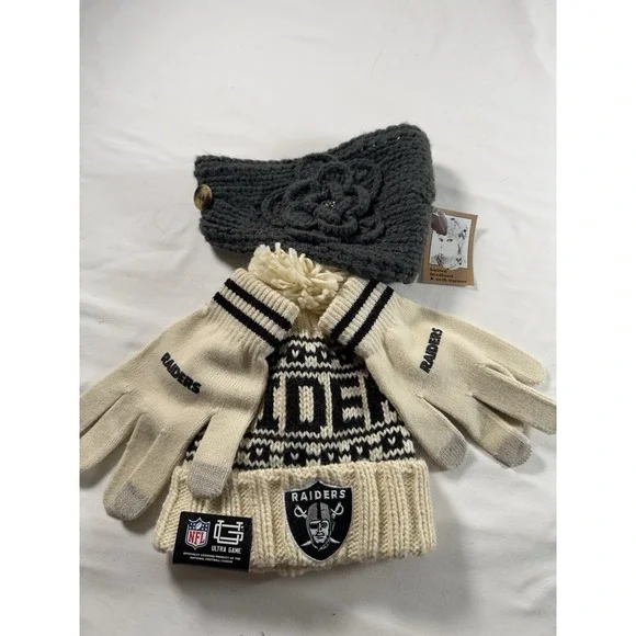 NFL Las Vegas Raiders Hat Gloves Set NWT Plus Knit Headband Neck Warmer